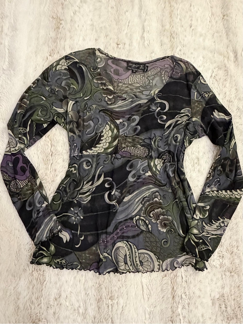 Rare Y2K Hand Painted Sheer Mesh Top Herzelberg Whimsy Goth Grunge Fairycore